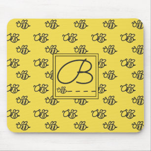Yellow Summer Bees Pattern Monogram Mouse Pad
