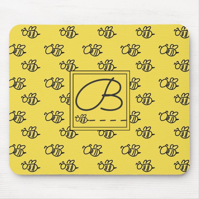 Yellow Summer Bees Pattern Monogram Mouse Pad (Front)