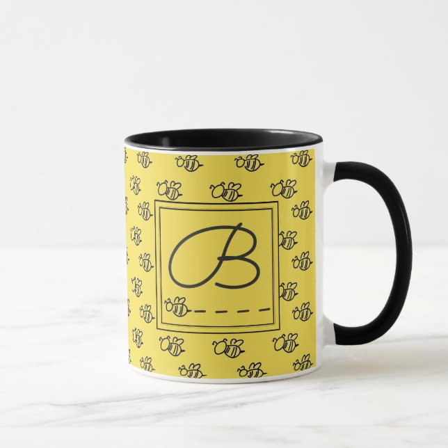 Yellow Summer Bees Pattern Monogram Mug (Right)