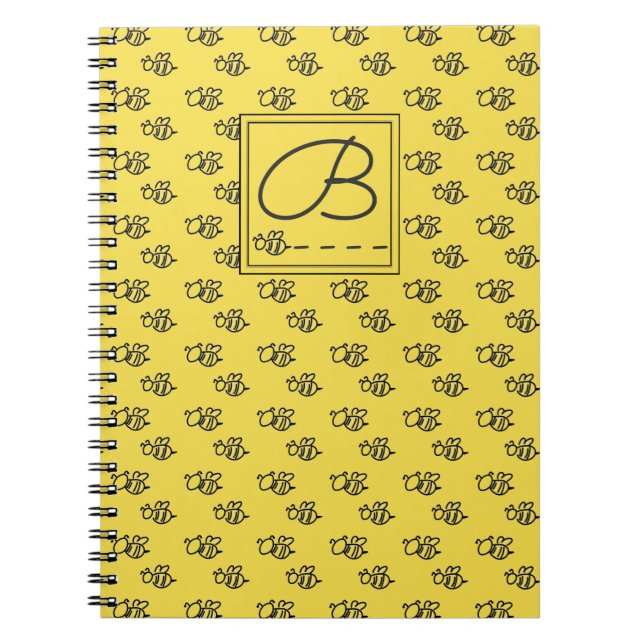 Yellow Summer Bees Pattern Monogram Notebook (Front)