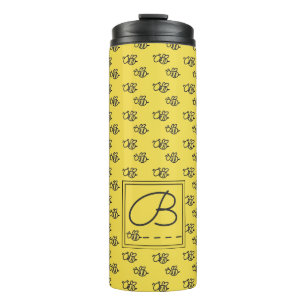 Yellow Summer Bees Pattern Monogram Thermal Tumbler