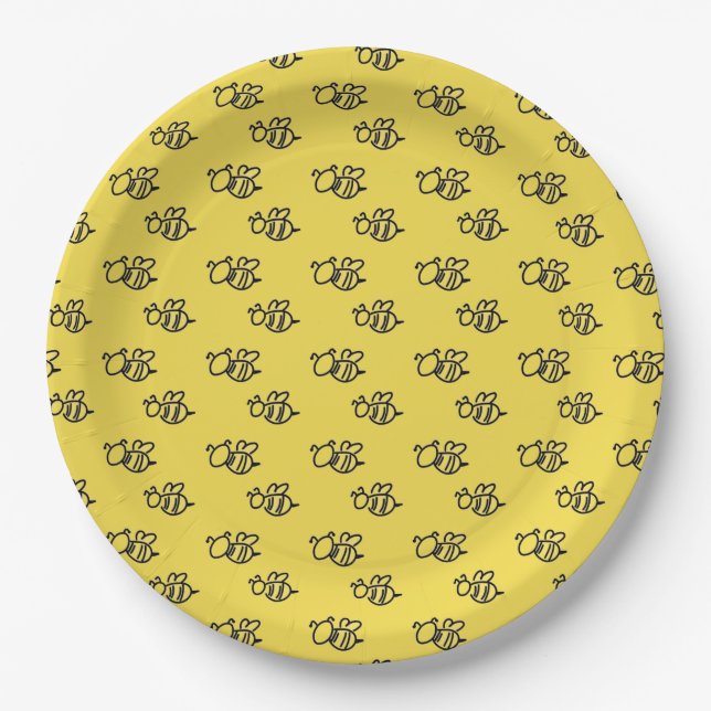 Yellow Summer Bees Pattern Paper Plate (Front)