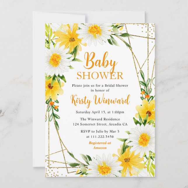 Yellow Summer Flowers & Gold Frame Baby Shower Invitation (Front)