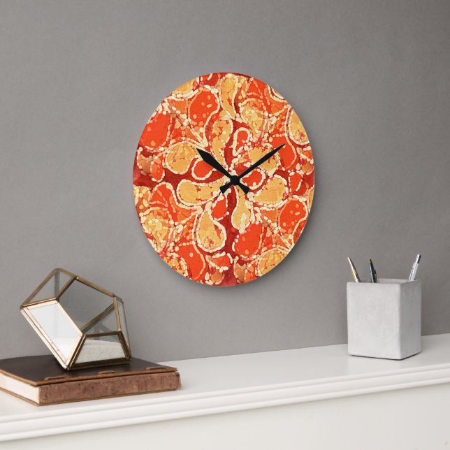 Yellow Summer Orange Bali Batik Art Style Paisley Large Clock (Office)