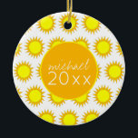 Yellow Summer Sun Sunshine Soak up the Rays Ceramic Ornament<br><div class="desc">Ornament features an original marker illustration of a yellow summer sunshine. Just personalize with your name and date information.

This design is also available on other products. Don't see what you're looking for? Need help with customization? Contact Rebecca to have something designed just for you.</div>