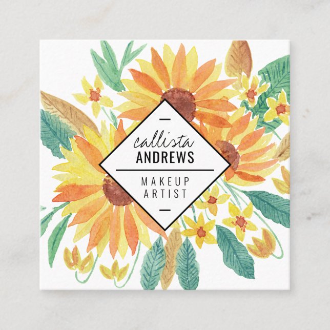 Yellow Summer Sunflower Watercolor Makeup Square Business Card (Front)