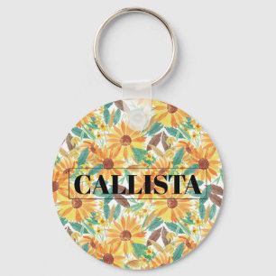 Yellow Summer Sunflower Watercolor Monogram Key Ring