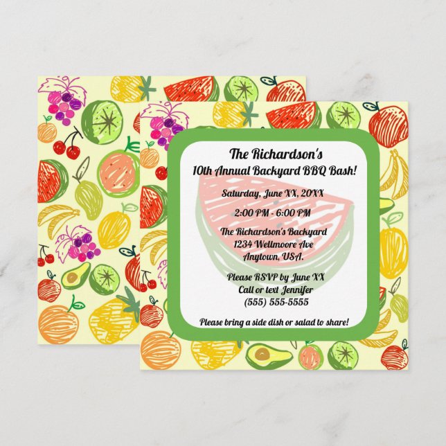 Yellow Summer Time Fruit Pattern BBQ Party Invitation (Front/Back)