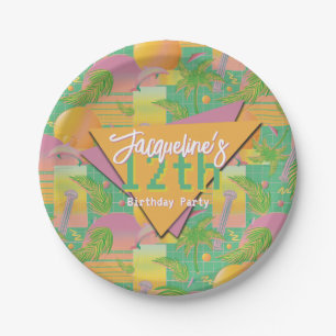Yellow Summer Vaporwave Sunset Birthday Paper Plate