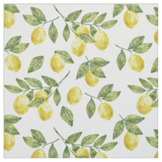 Yellow summer watercolor lemons with green leaves fabric