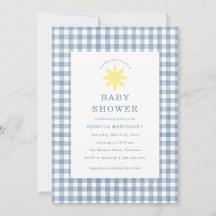 Yellow Sun Baby Boy Blue Gingham Baby Shower Invitation