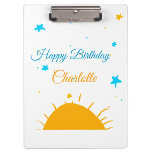 Yellow sun blue stars happy birthday add name text clipboard