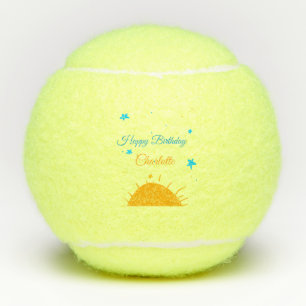 Yellow sun blue stars happy birthday add name text tennis balls