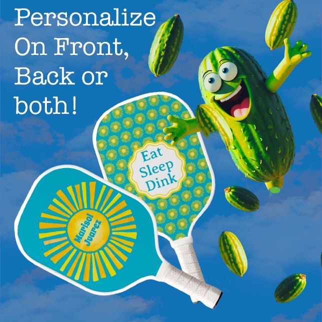 Yellow Sun Caribbean Blue Pickleball Paddle (Personalize both sides of this Caribbean Blue and golden retro sun designs with name or message!)