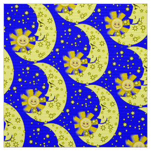 Yellow Sun Moon Stars Blue Fabric