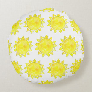 Yellow Sun Watercolor Pattern Round Cushion