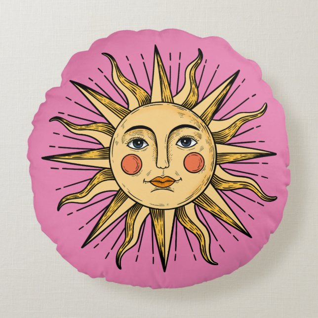 Yellow sun with a face round cushion (Front)