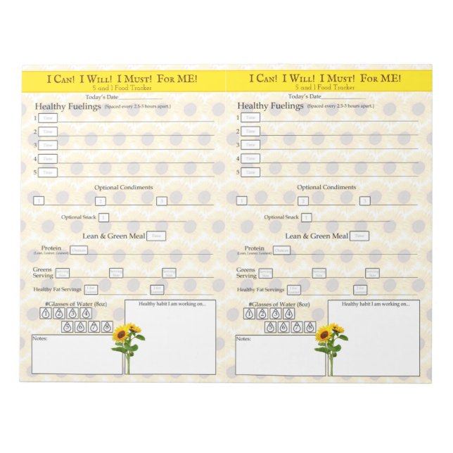 Yellow Sunflower 5 and 1 Food Tracker Notepad (Front)