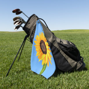 Yellow Sunflower Against Sun on Blue Sky - Summer  Golf Towel