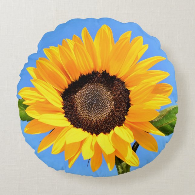 Yellow Sunflower Against Sun on Blue Sky - Summer  Round Cushion (Front)