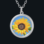Yellow Sunflower Against Sun on Blue Sky - Summer  Silver Plated Necklace<br><div class="desc">Yellow Sunflower Against Sun on Blue Sky - Summer Day - Photo Flower Nature - You can also personalise - Choose / Add Your Unique Photo - Image / Text - Name / Colour / Font / Size / more - Make Your Special Gift - Resize and move or remove...</div>