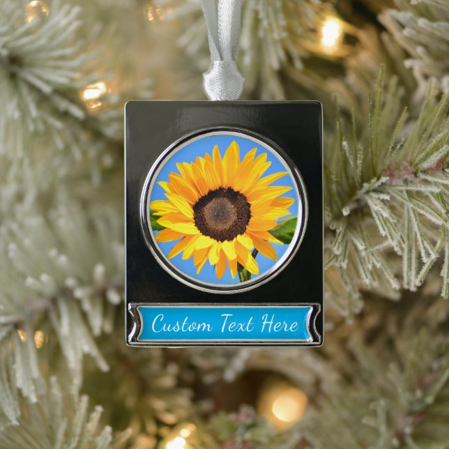Yellow Sunflower Against Sun on Blue Sky Your Text Silver Plated Banner Ornament (Tree)