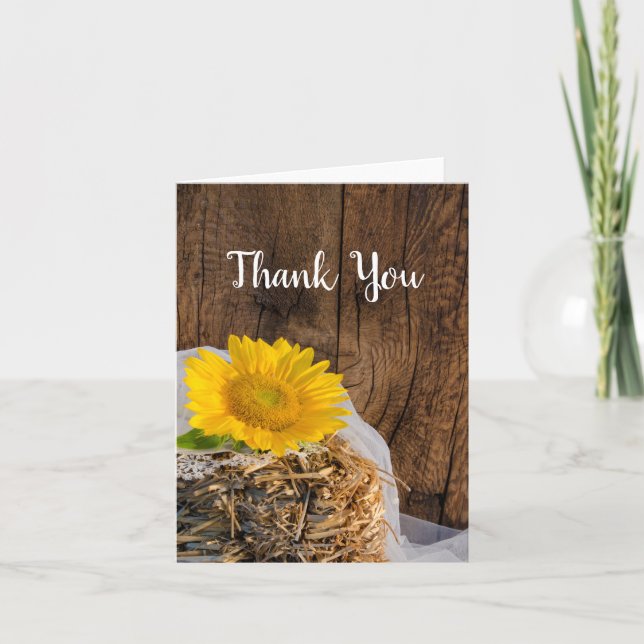 Yellow Sunflower and Barn Wood Wedding Thank You (Front)