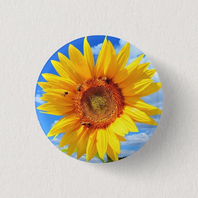 Yellow Sunflower and Bees on Blue Sky Button (Front)