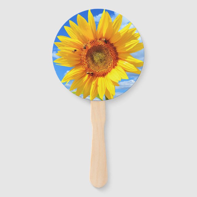 Yellow Sunflower and Bees on Blue Sky Hand Fan (Front)