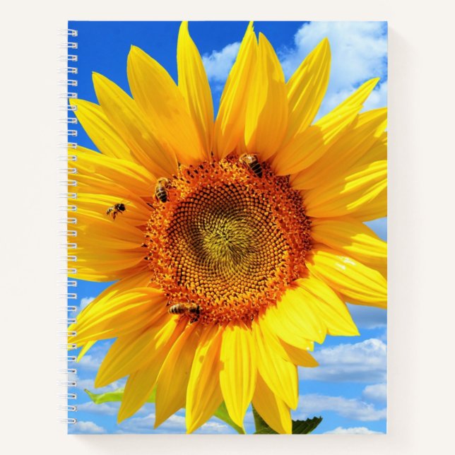 Yellow Sunflower and Bees on Blue Sky Notebook (Front)