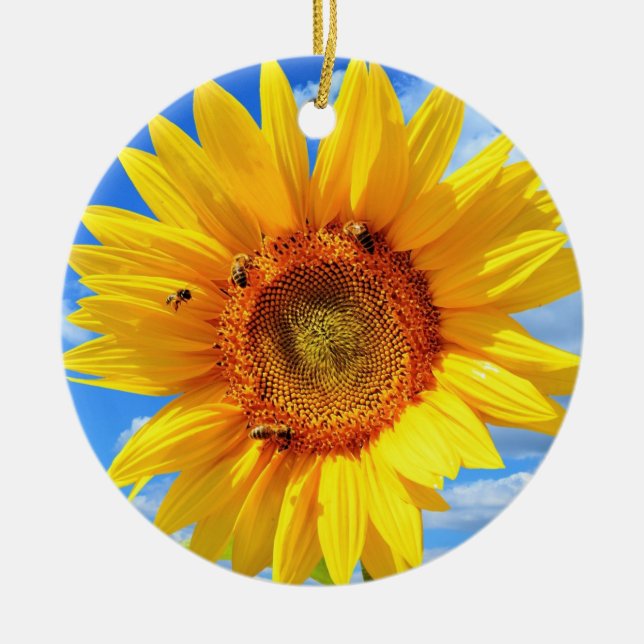 Yellow Sunflower and Bees on Blue Sky - Summer  Ceramic Ornament (Front)