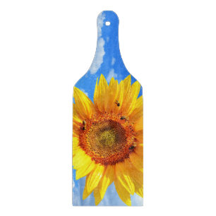 Yellow Sunflower and Bees on Blue Sky - Summer Cutting Board