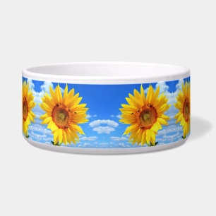 Yellow Sunflower and Bees on Blue Sky - Summer Day