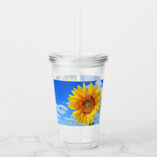 Yellow Sunflower and Bees on Blue Sky - Summer Day Acrylic Tumbler
