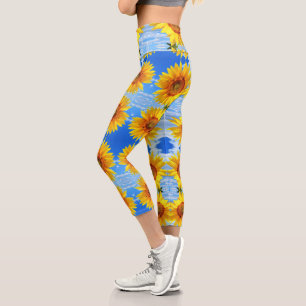 Yellow Sunflower and Bees on Blue Sky - Summer Day Capri Leggings