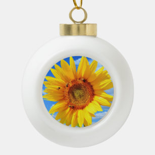 Yellow Sunflower and Bees on Blue Sky - Summer Day Ceramic Ball Christmas Ornament