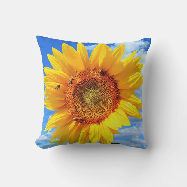 Yellow Sunflower and Bees on Blue Sky - Summer Day Cushion (Front)