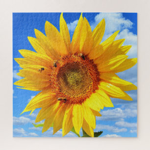 Yellow Sunflower and Bees on Blue Sky - Summer Day Jigsaw Puzzle