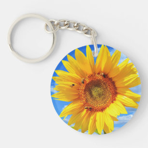 Yellow Sunflower and Bees on Blue Sky - Summer Day Key Ring