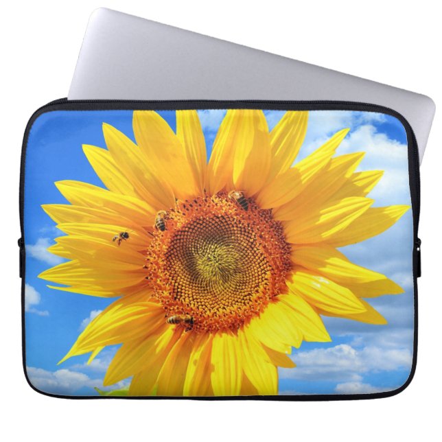 Yellow Sunflower and Bees on Blue Sky - Summer Day Laptop Sleeve (Front)