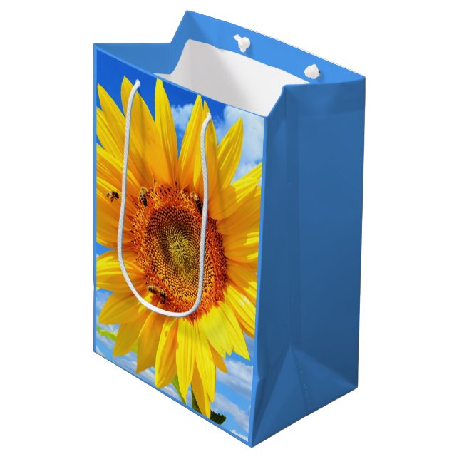 Yellow Sunflower and Bees on Blue Sky - Summer Day Medium Gift Bag (Front Angled)