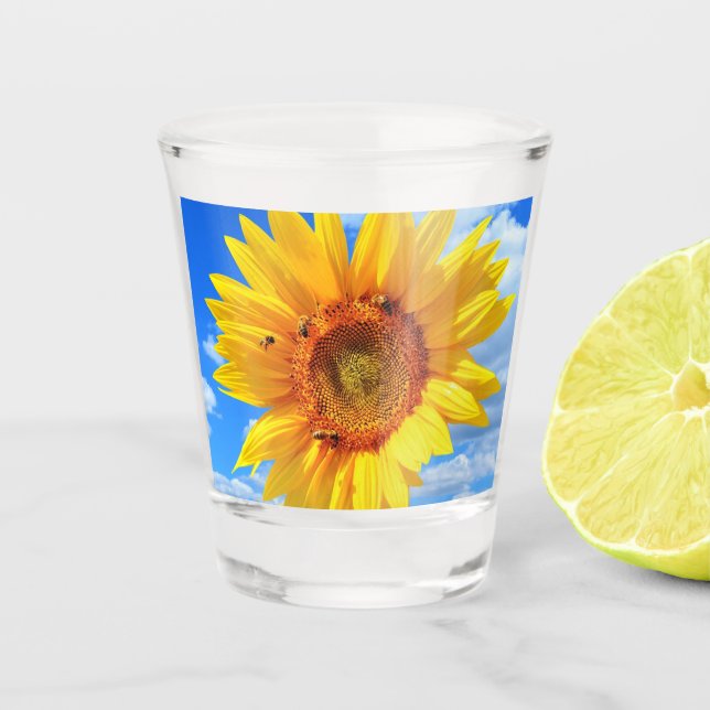 Yellow Sunflower and Bees on Blue Sky - Summer Day Shot Glass (Front)