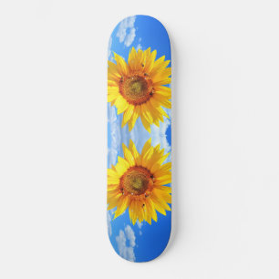Yellow Sunflower and Bees on Blue Sky - Summer Day Skateboard