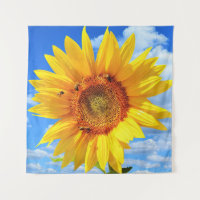 Yellow Sunflower and Bees on Blue Sky - Summer Day