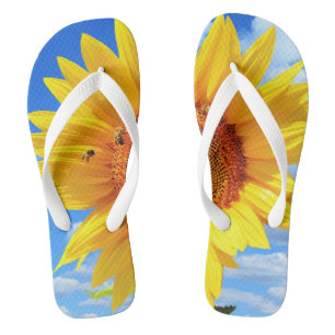 Yellow Sunflower and Bees on Blue Sky - Summer Day Thongs