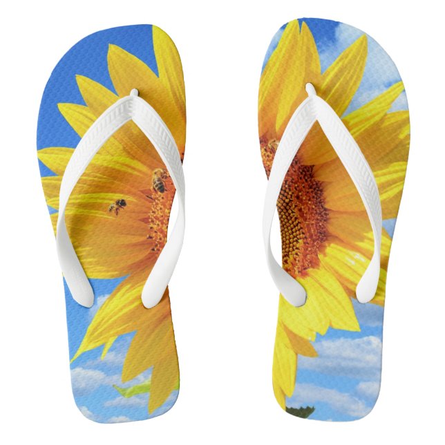Yellow Sunflower and Bees on Blue Sky - Summer Day Thongs (Footbed)