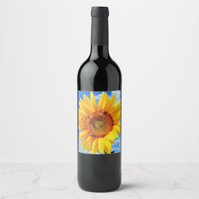 Yellow Sunflower and Bees on Blue Sky - Summer Day Wine Label (Front)