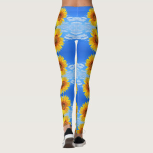 Yellow Sunflower and Bees on Blue Sky - Summer Leggings