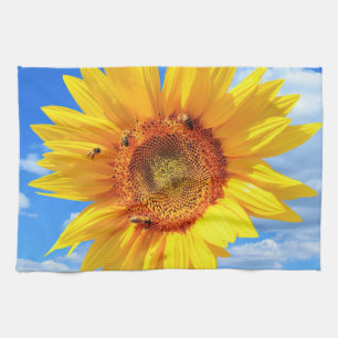 Yellow Sunflower and Bees on Blue Sky - Summer Tea Towel