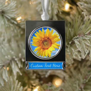 Yellow Sunflower and Bees on Blue Sky - Your Text Silver Plated Banner Ornament